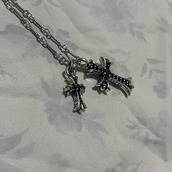 Chrome Hearts Black Diamond 2x Cross Silver Necklace - Picture 3 of 10